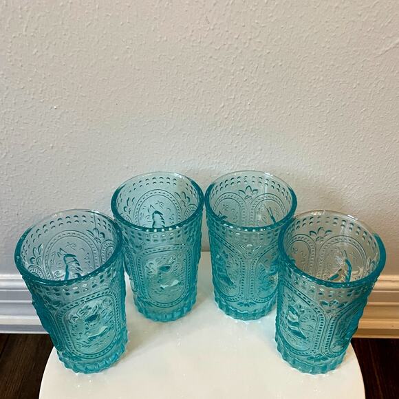 Easter Bunny Embossed Hobnail Victorian Heavy Drinking Glasses Set 4 Blue New - Picture 8 of 16